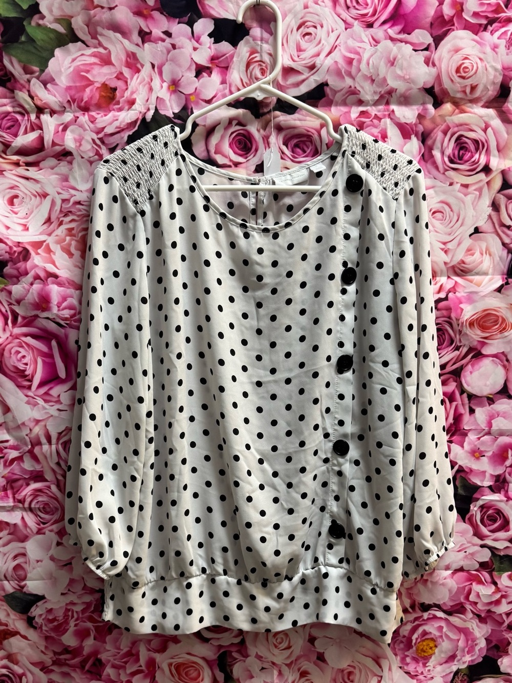 Retro New York & Company White Blouse with Black Polka Dots